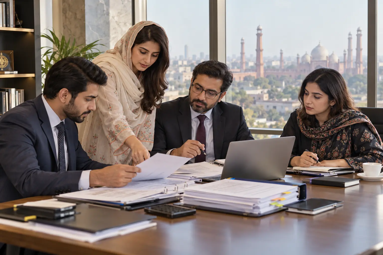 Professional team reviewing tender documents and technology specifications